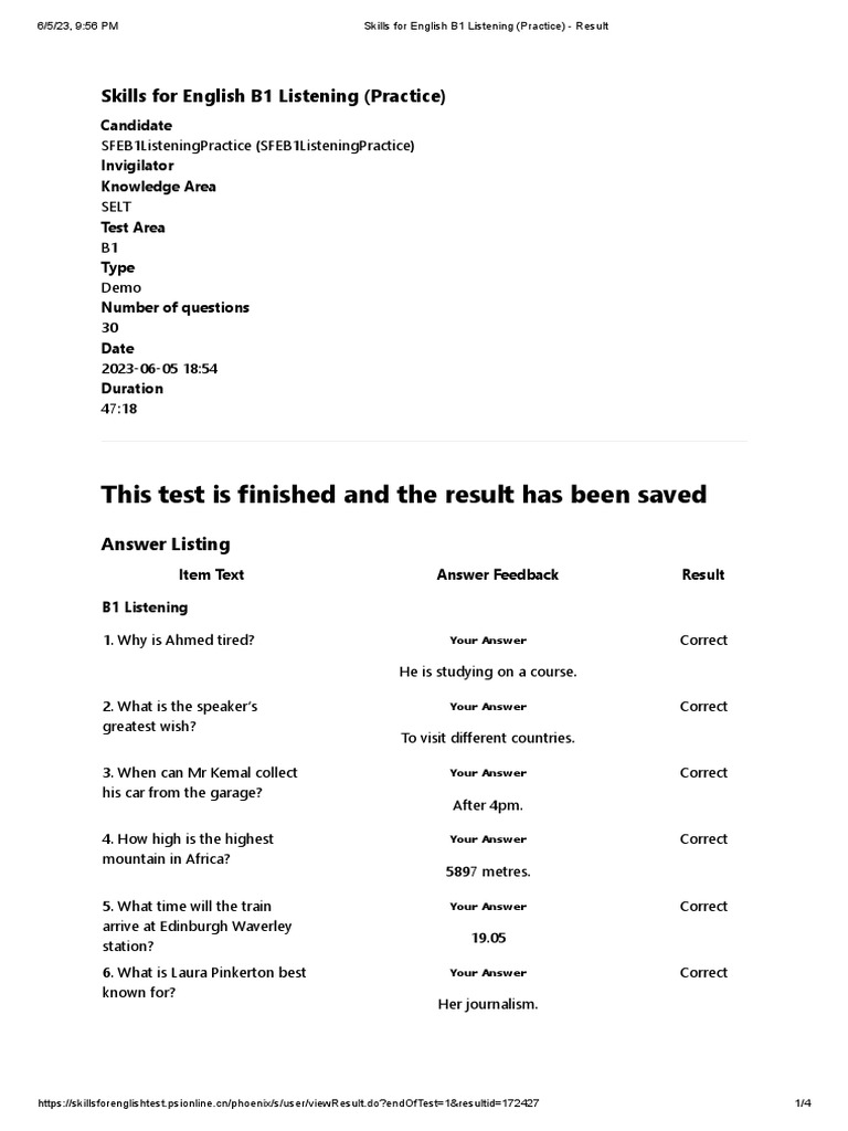 B1 English Listening Test Results | PDF