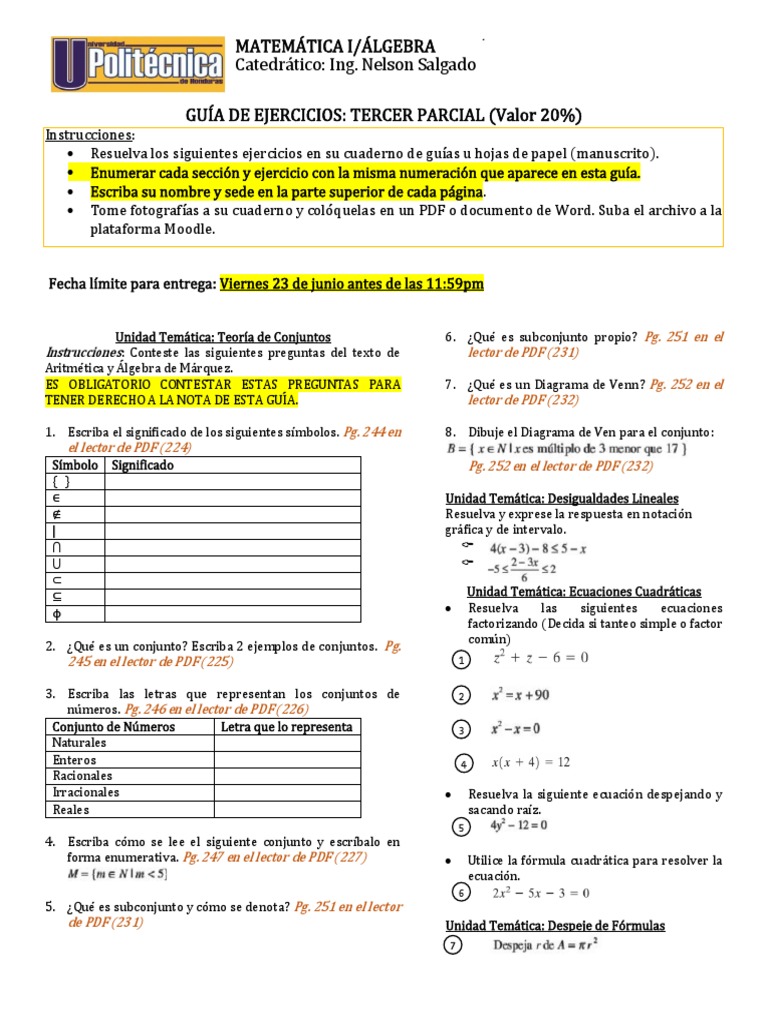 Guia de Ejercicios Tercer Parcial Matemática I 2P23 | PDF | Ecuaciones ...
