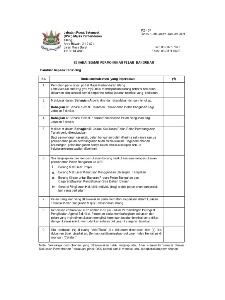 Senarai Semak Dokumen Pelan Bangunan | PDF