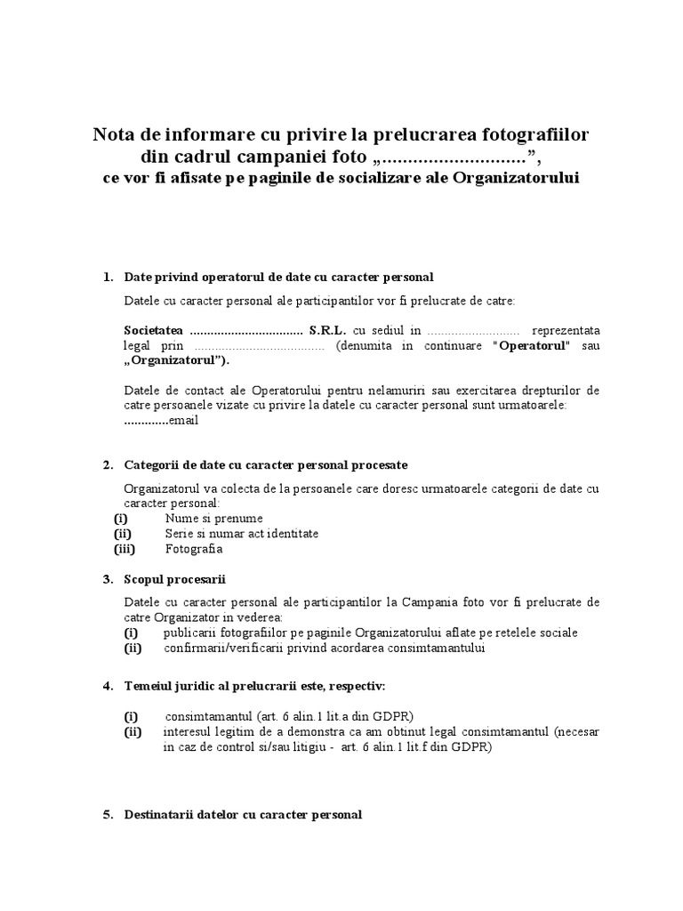 Nota de Informare Si Formular Consimtamant GDPR FOTOGRAFII | PDF