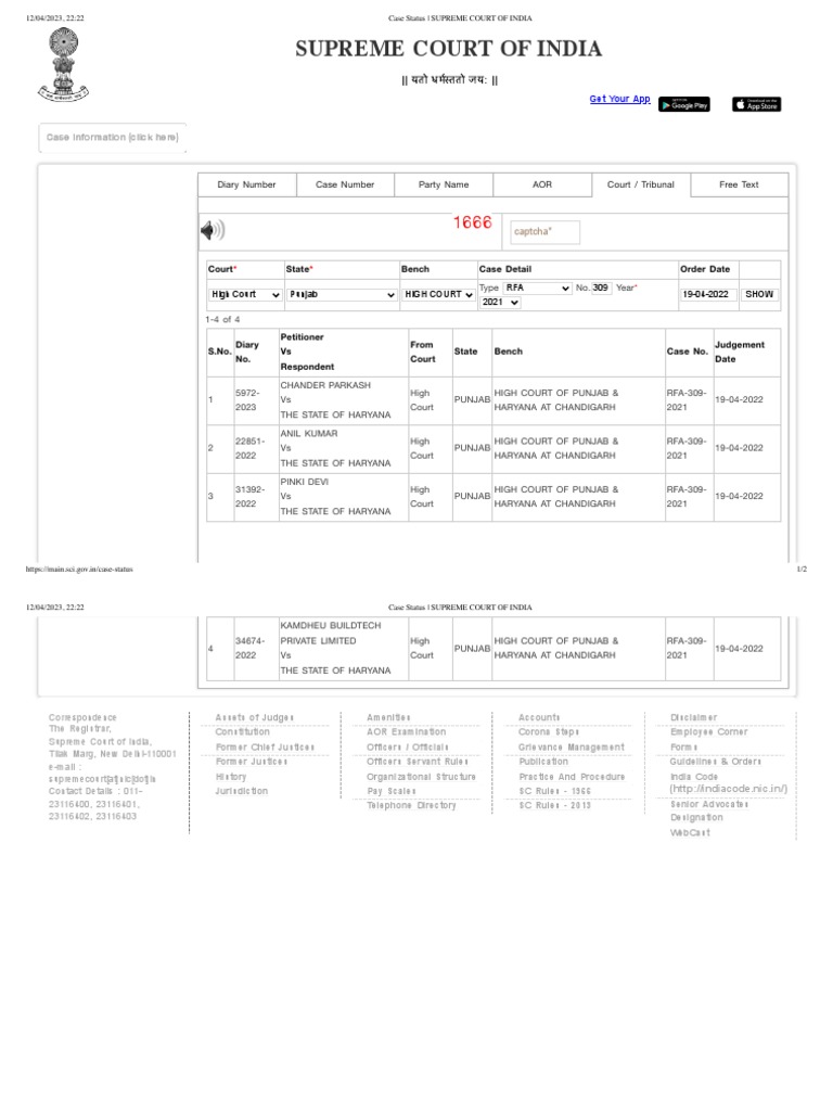 Case Status SUPREME COURT OF INDIA PDF Supreme Court Of India