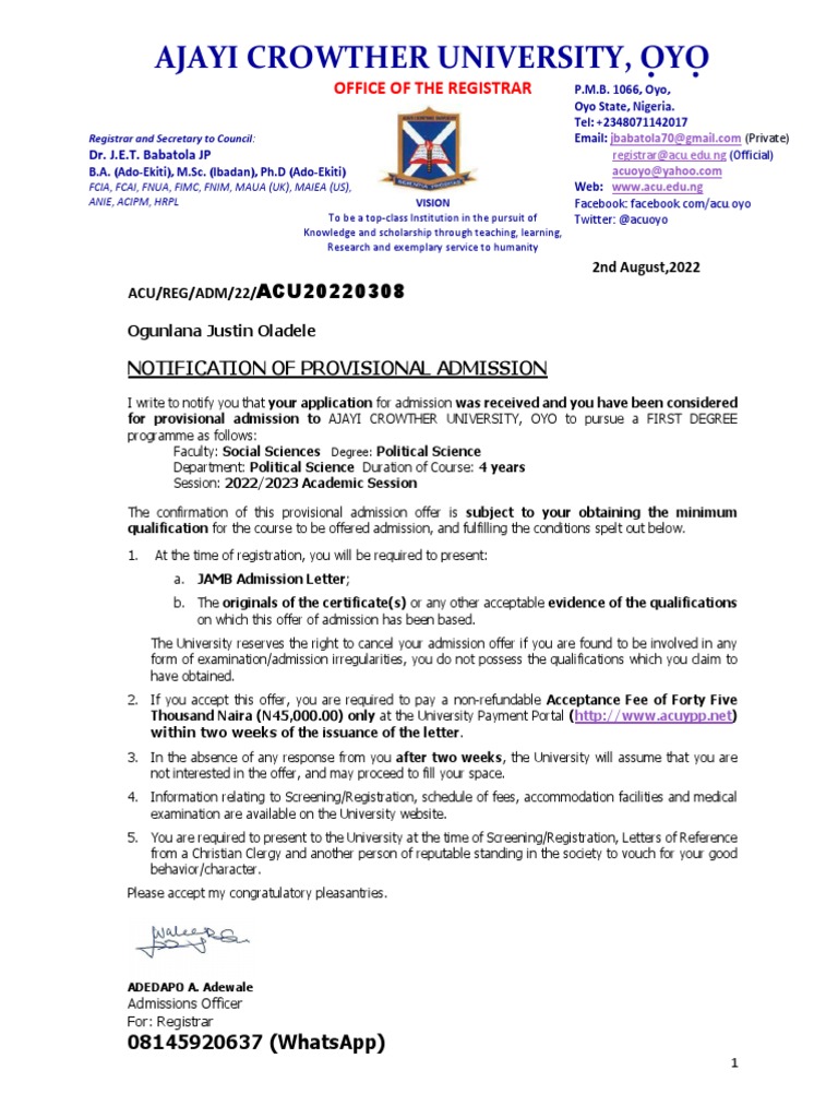 Ajayi Crowther University Admission Notice | PDF | Academic Degree | Cheque