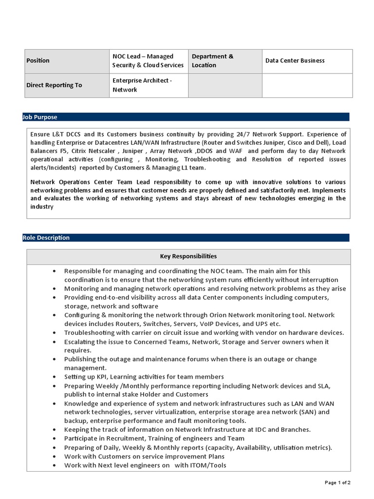 JD NOCDatacenterCloud Lead JD PDF Computer Network Service Level