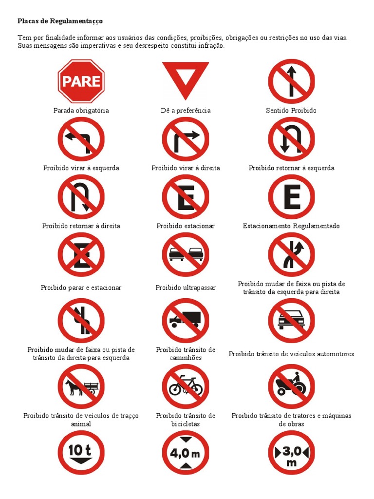 Placas de Regulamentação de Trânsito | PDF | Tráfego | Veículo motorizado