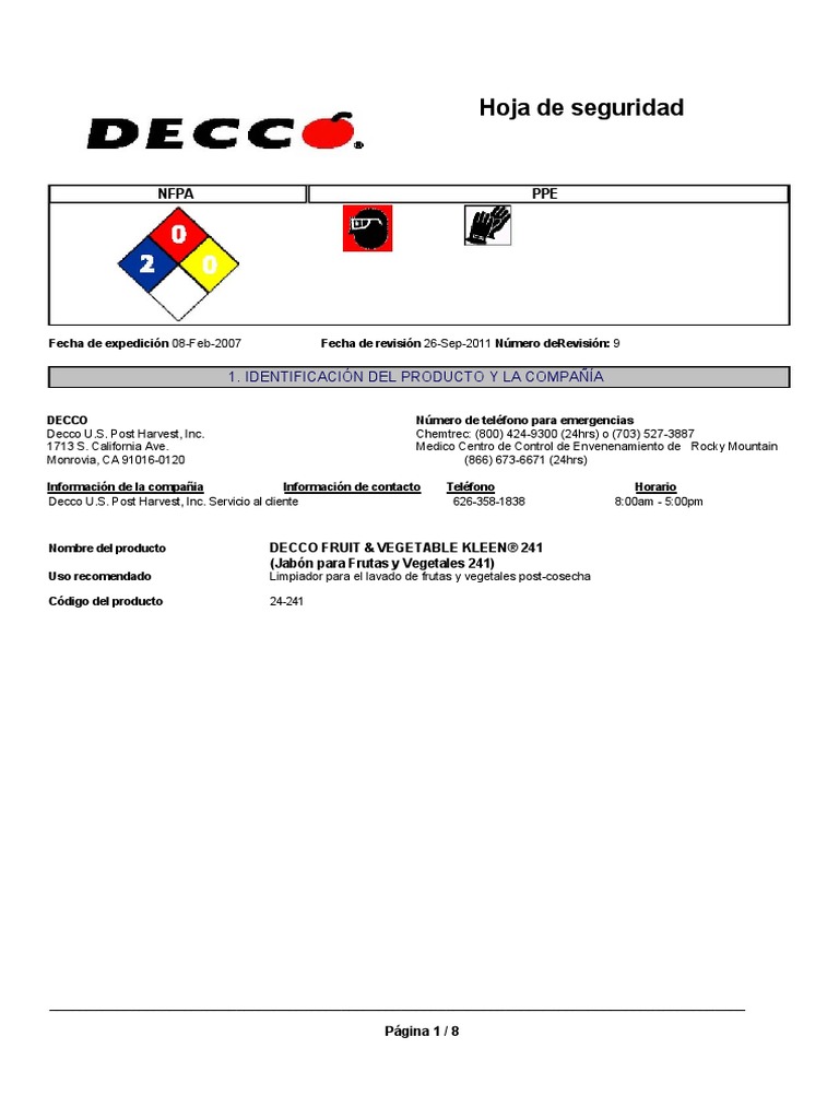 Decco Fruit & Vegetable Kleen® 241 - Detergente - MSDS | PDF | Agua ...