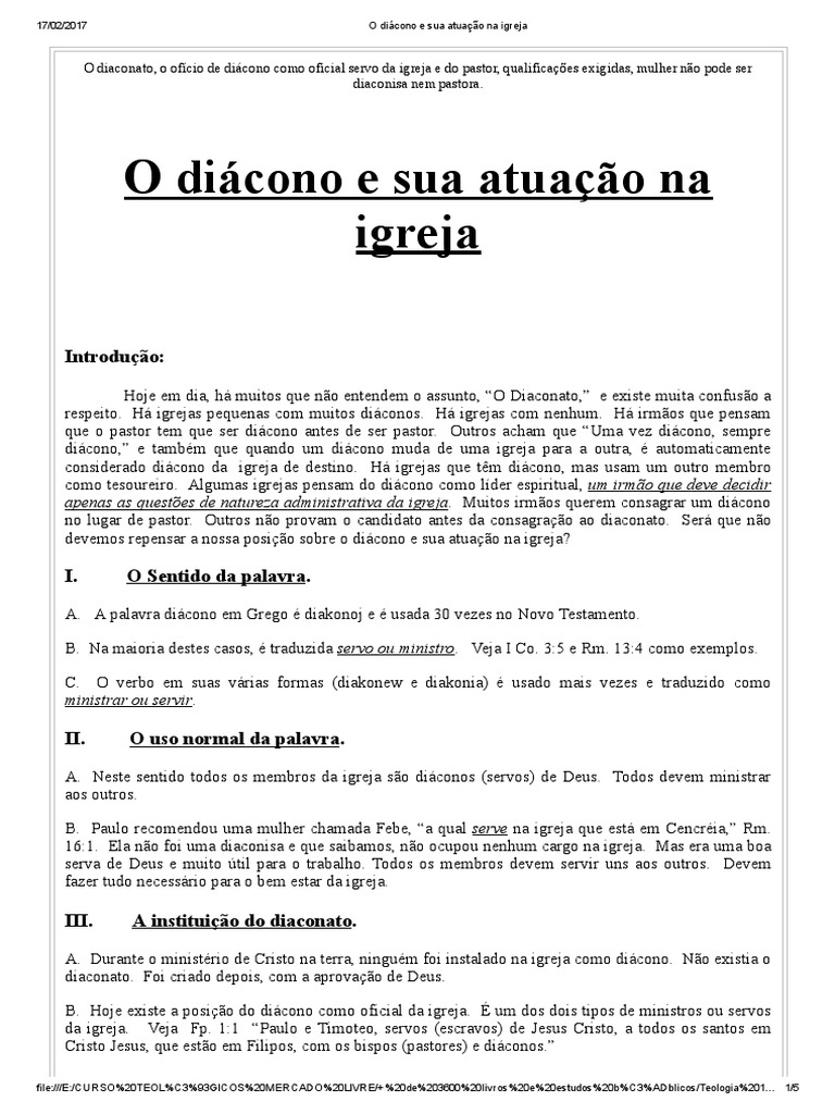 O Papel do Diácono na Igreja Evangélica | PDF | Diácono | Igreja cristã