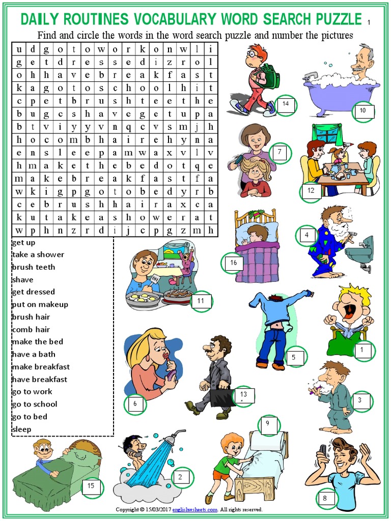Daily Routines Vocabulary Esl Word Search Puzzle Worksheets For Kids ...