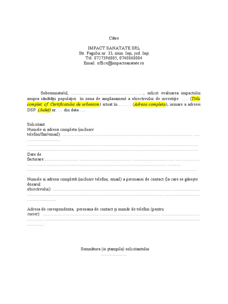 Model Solicitare Studiu - IMPACT SANATATE | PDF