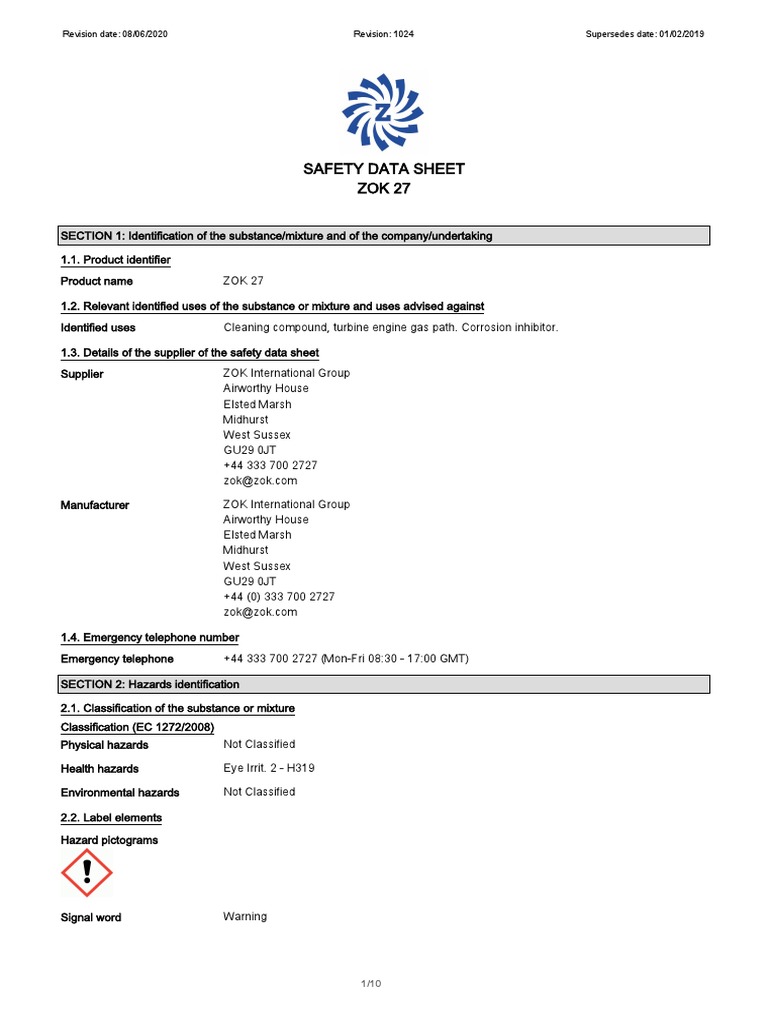 ZOK 27 Safety Data Sheet Overview | PDF | Toxicity | Dangerous Goods