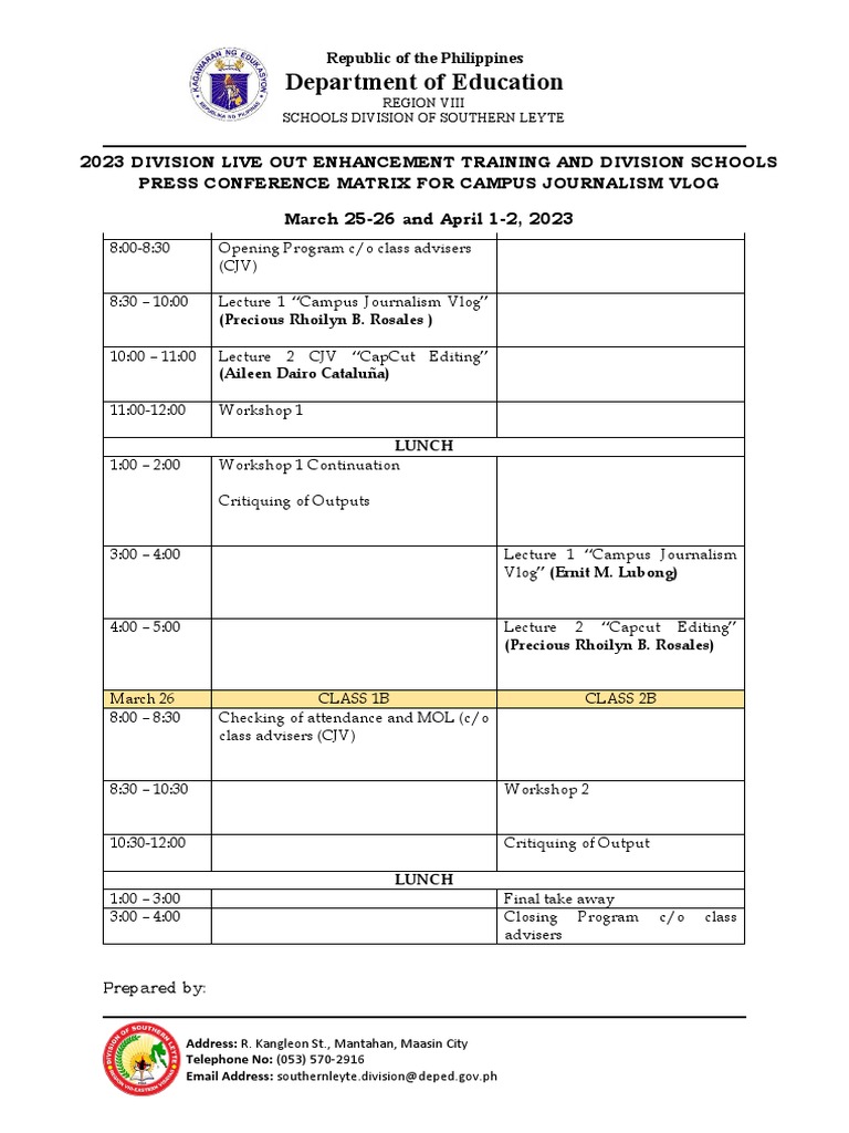 2023 Training Matrix Campus Journalism Vlog Pdf