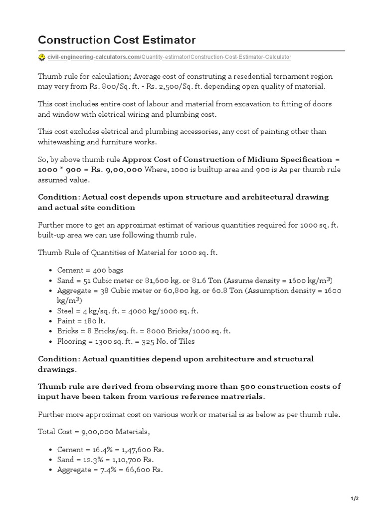 Example Construction Cost Calculation PDF