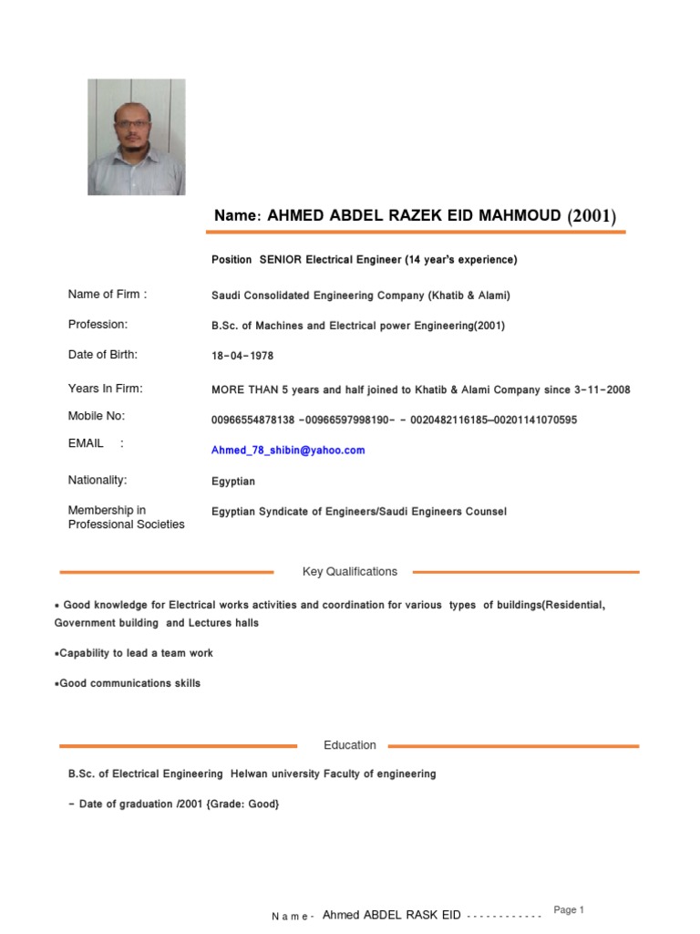 Cv&experience Certificate Senior Electrical Engineer | PDF ...