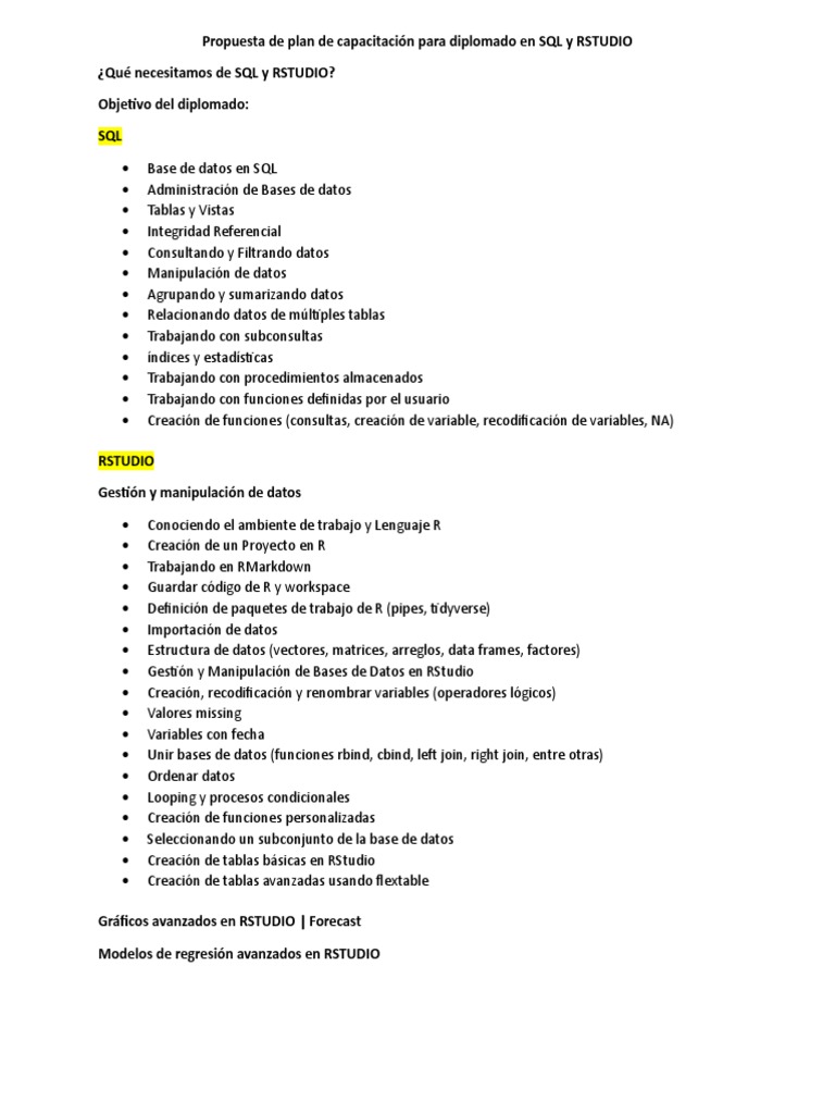Propuesta de plan de capacitaci n para diplomado en sql y rstudio pdf