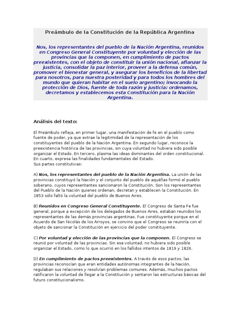 ANALISIS DEL Preámbulo de la Constitución de la República Argentina Constitución Estado