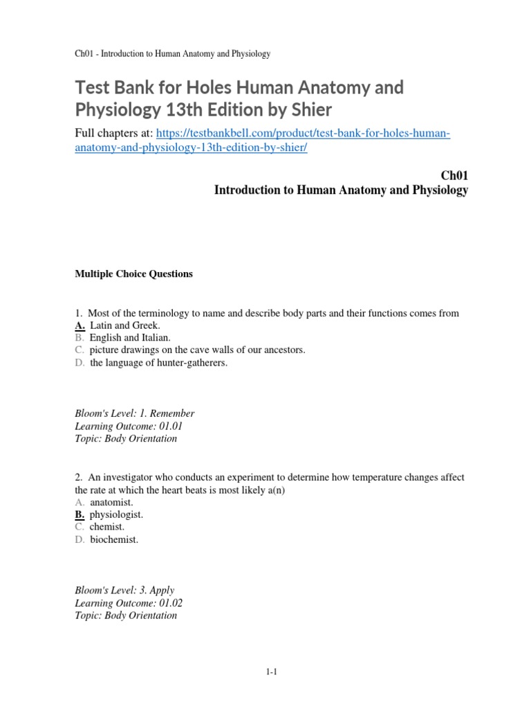 Test bank for holes human anatomy and physiology 13th edition by shier