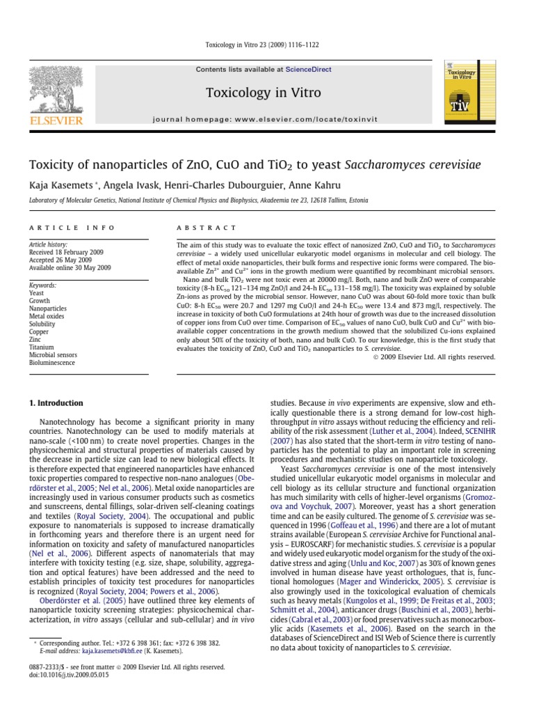 Toxicity of Nanoparticles of ZnO CuO and PDF Zinc Oxide Yeast