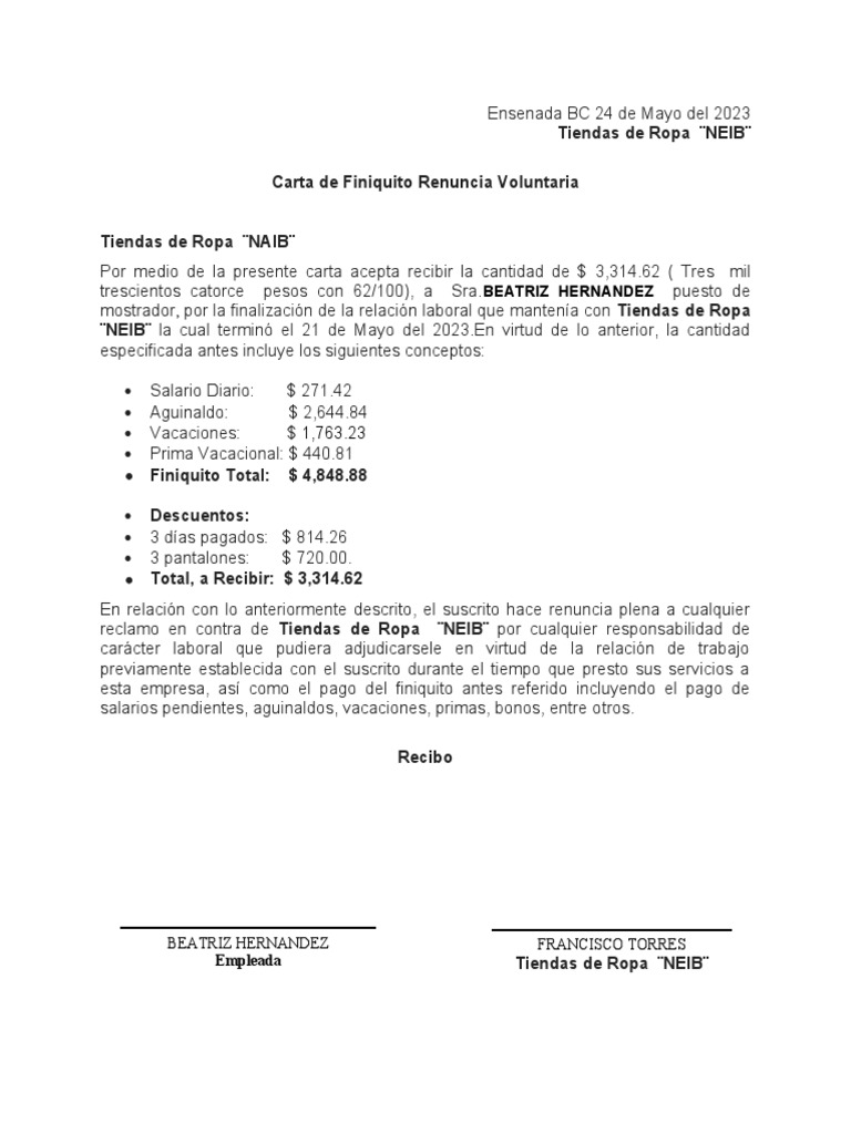 CartaDeFiniquitoLaboral Renuncia Boluntaria Tiendas Naib PDF