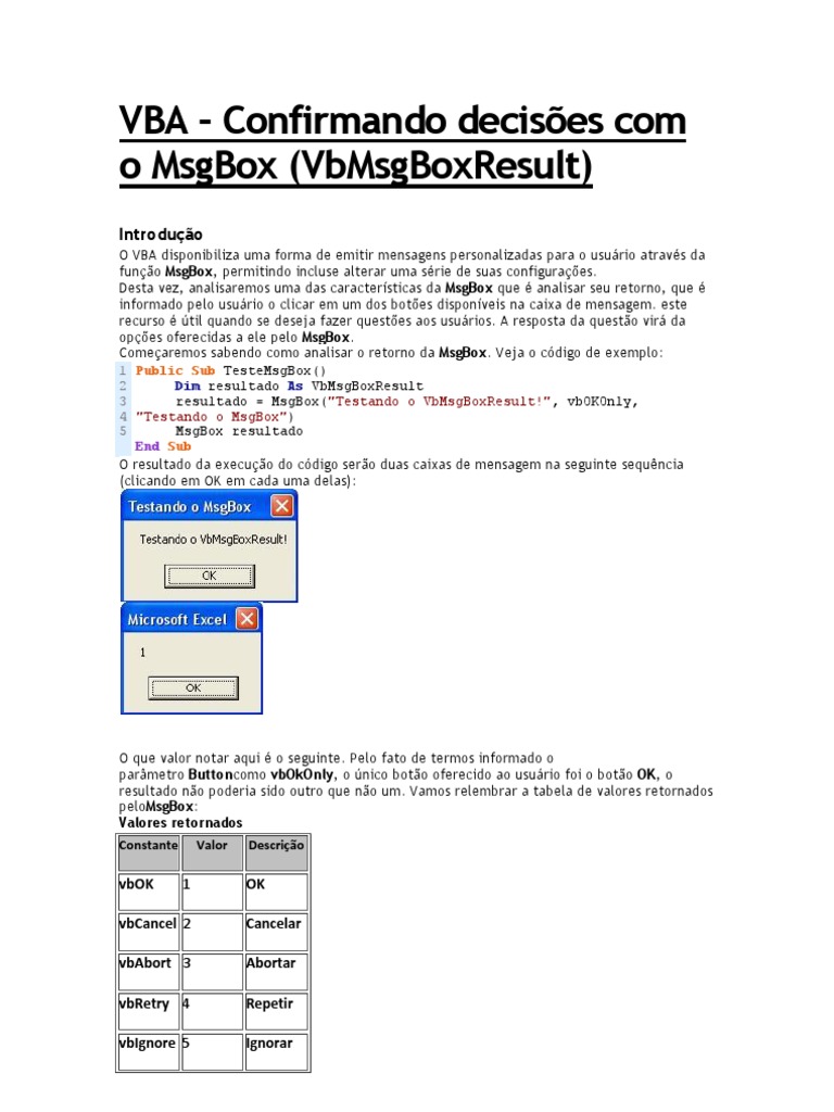 Analisando Retornos do MsgBox no VBA | PDF | Parâmetro (programação de ...
