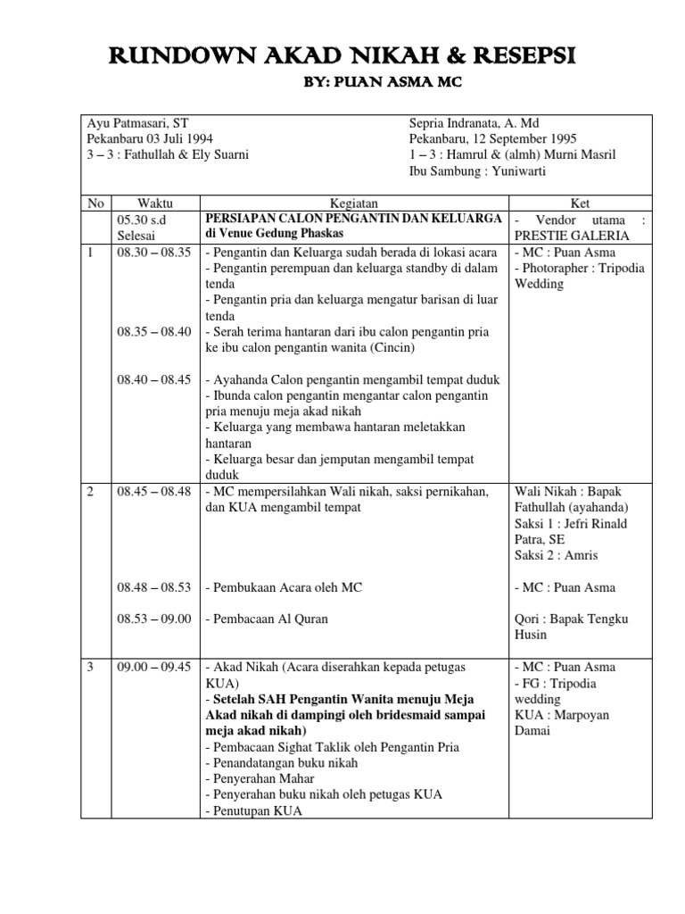 Rundown Akad Nikah & Resepsi Ayu - Indra | PDF