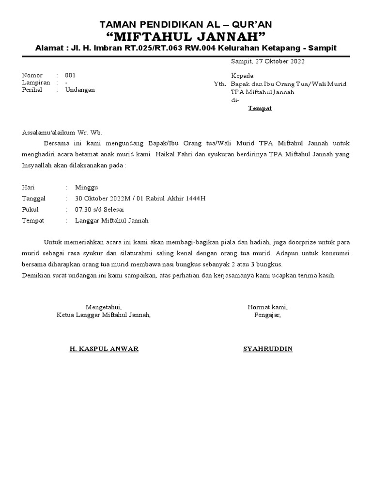 Undangan Tpa Miftahul Jannah | PDF