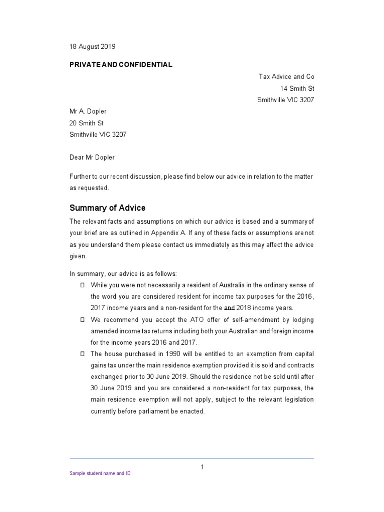 BLO2206 S2 2020 Sample Letter of Advice | PDF | Capital Gains Tax | Taxes