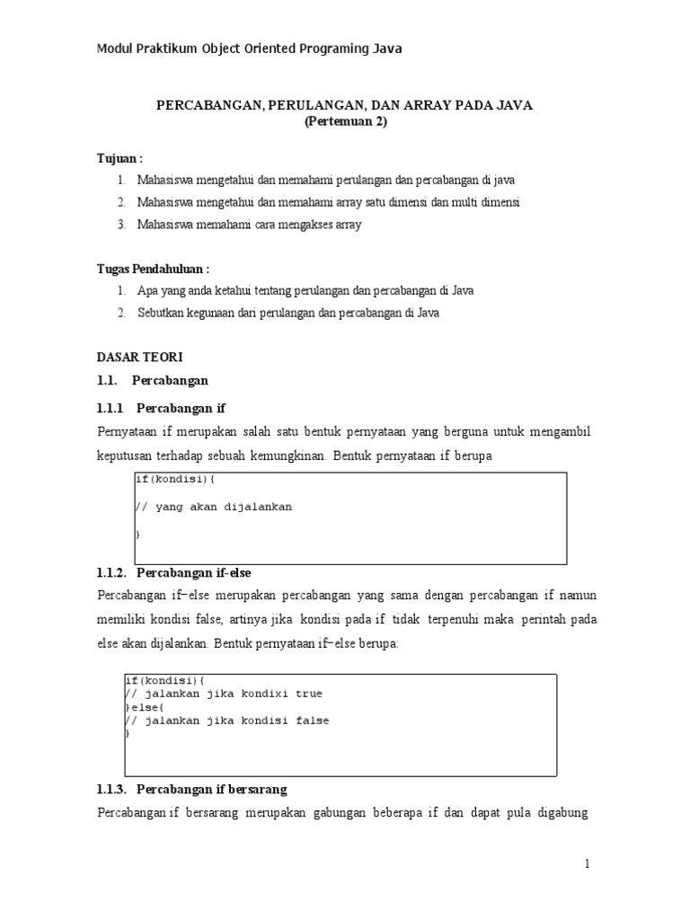 Perulangan, Percabangan Dan Array Pada Java | PDF | Komputer