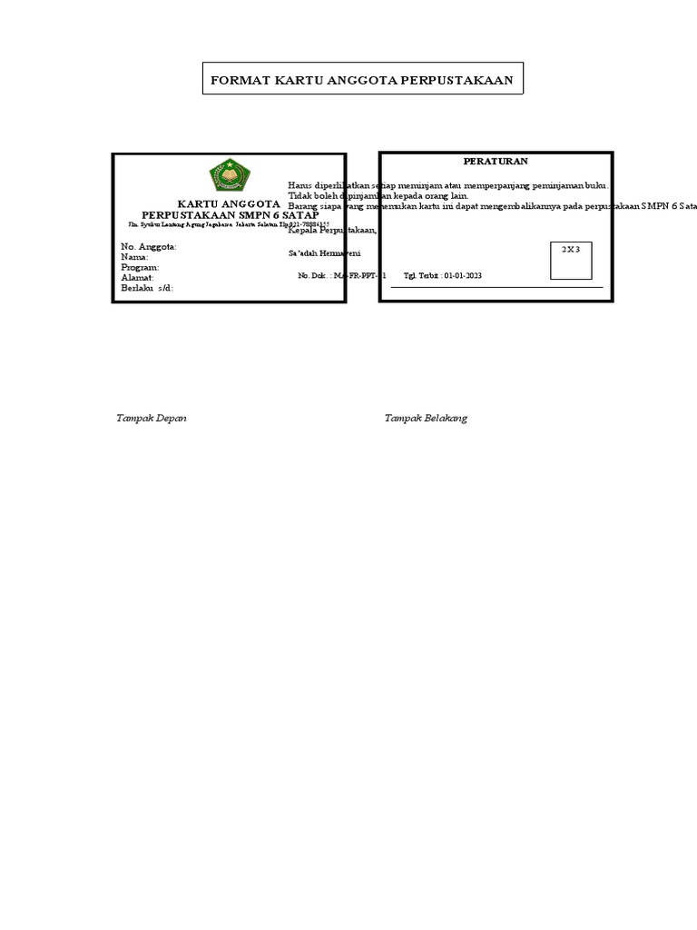 Format Kartu Anggota Perpustakaan SMP | PDF