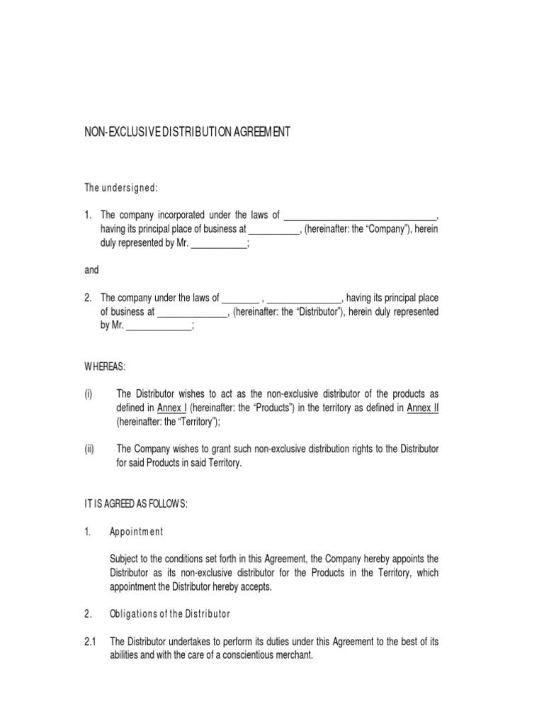 Non Exclusive Distribution Agreement PDF Indemnity Breach Of Contract