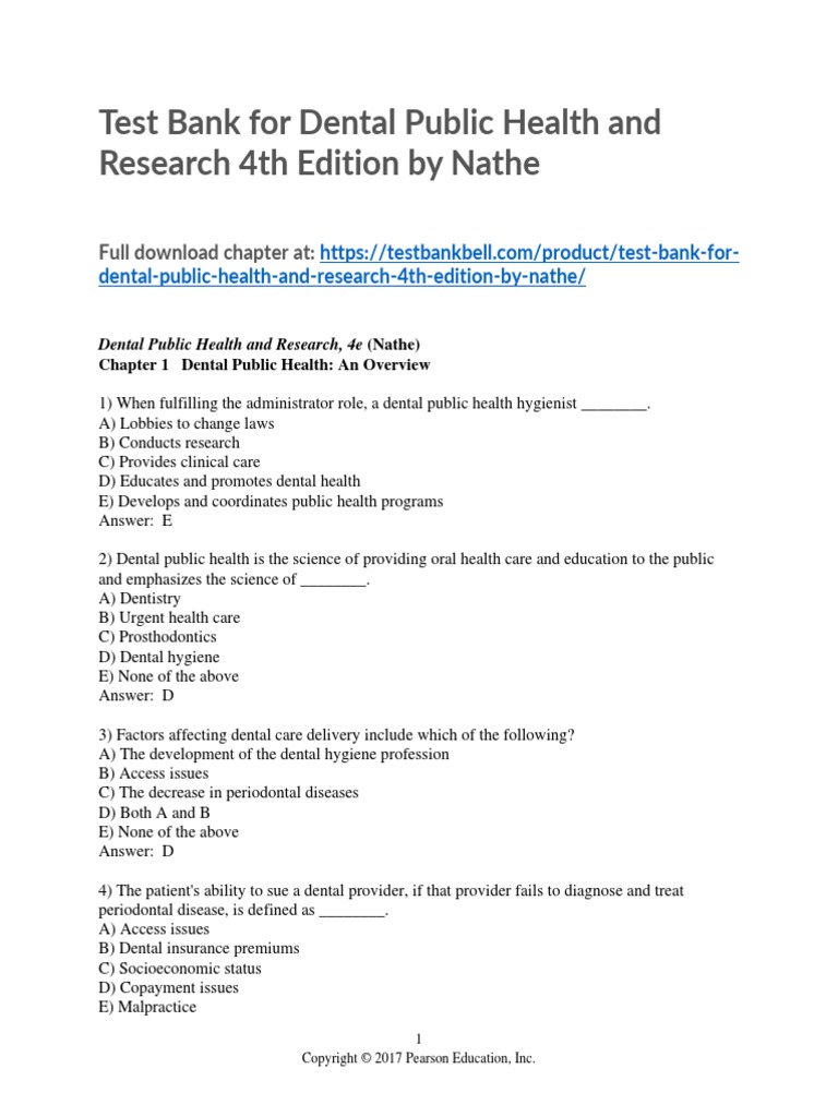 Test Bank For Dental Public Health and Research 4th Edition by Nathe