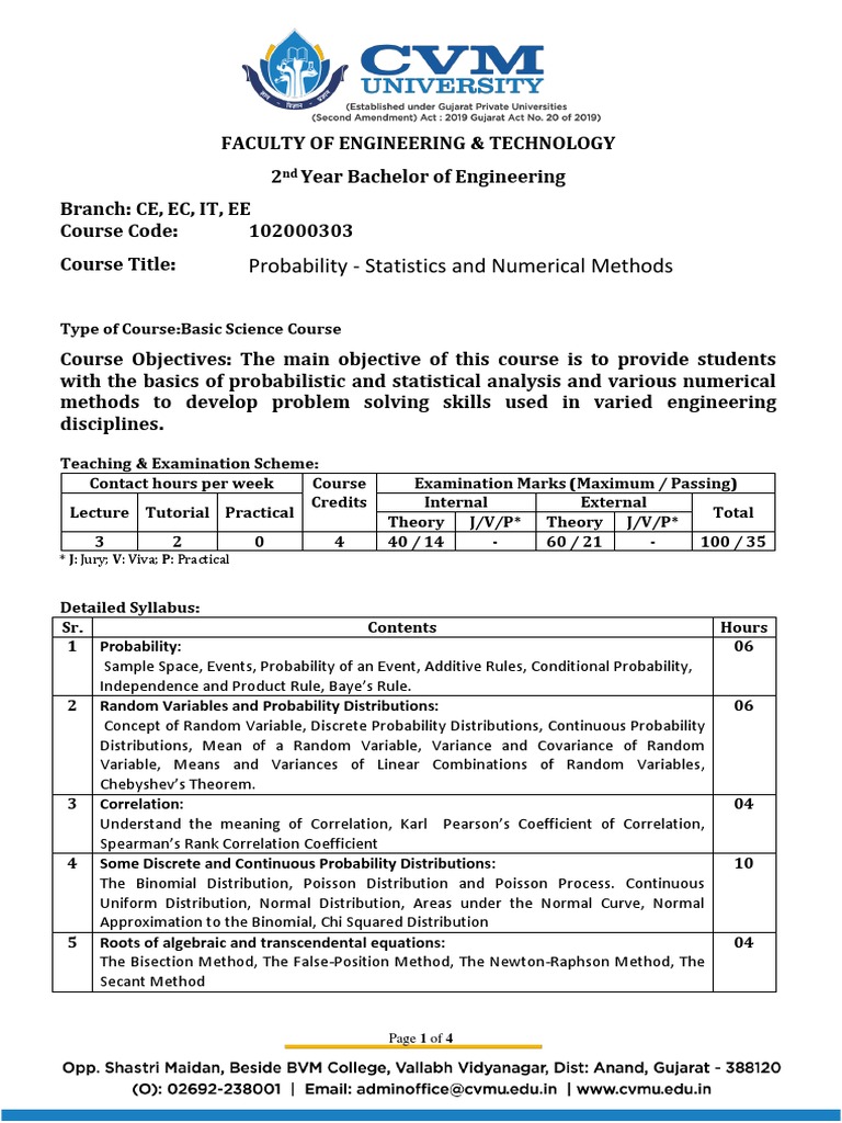 Probability and Numerical Methods Course | PDF | Probability ...
