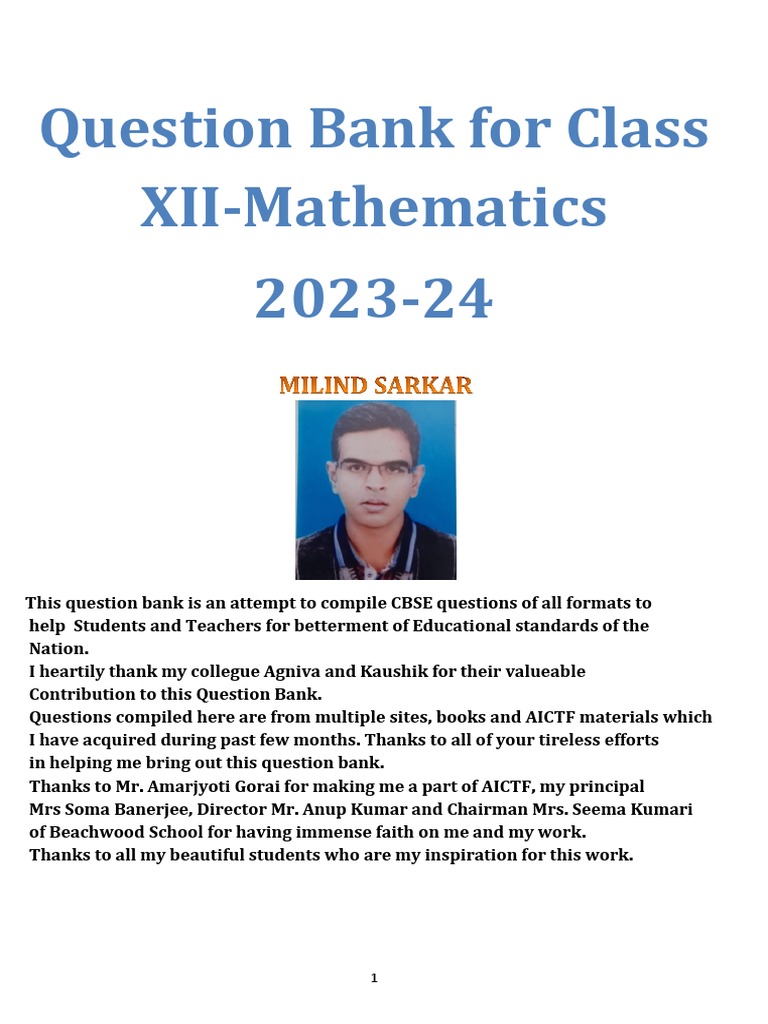 Class XII Mathematics Question Bank 2023-24 | PDF | Matrix (Mathematics ...