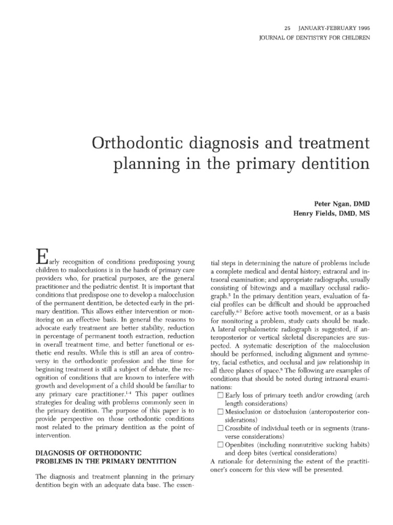Orthodontic Diagnosis and TX Planning in The Primary Dentition | PDF