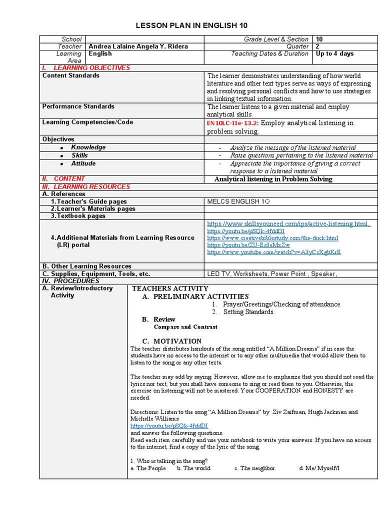 English 10 Lesson Plan: Analytical Listening | PDF | Communication ...