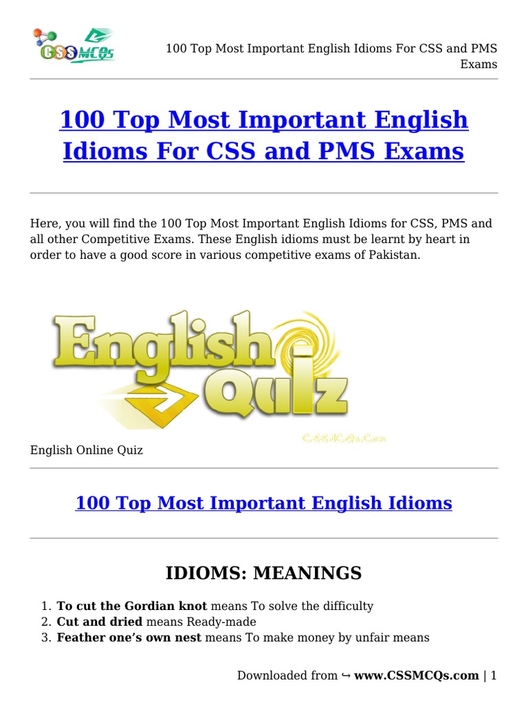 100 Top Most Important English Idioms For CSS and PMS Exams | PDF ...