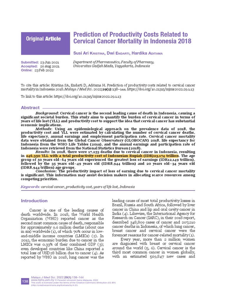 Cervical Cancer Economic Impact in Indonesia | PDF | Cancer | Mean