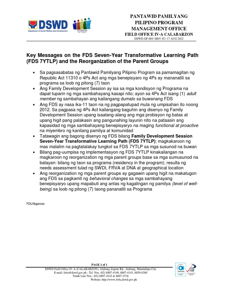 Key Messages On The FDS 7YTLP and Reorganization of Parent Groups | PDF