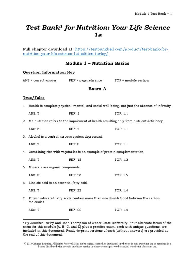 Test Bank For Nutrition Your Life Science 1st Edition Turley PDF