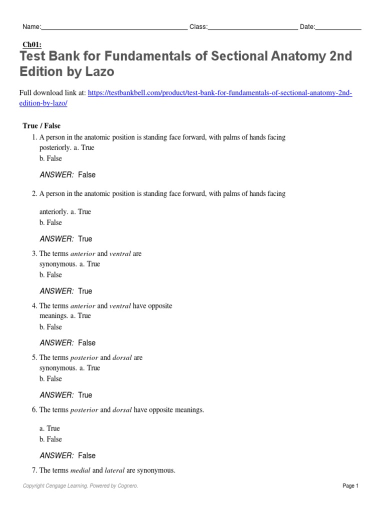 Test Bank for Fundamentals of Sectional Anatomy 2nd Edition by Lazo