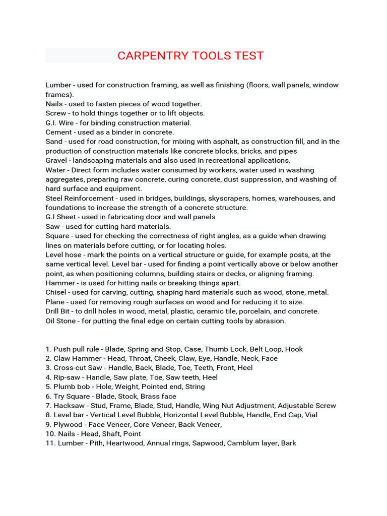 Carpentry Tools Test PDF