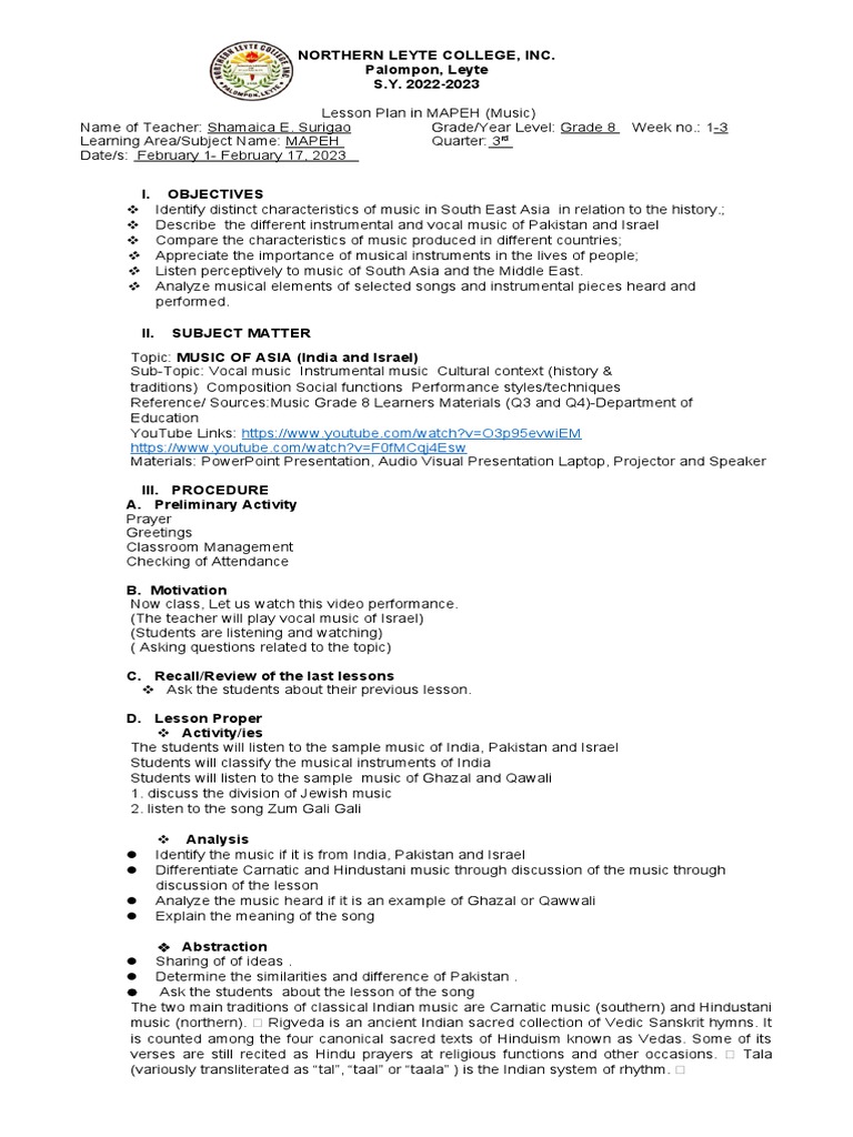 Grade 8 MAPEH Music Lesson Plan | PDF | Performing Arts