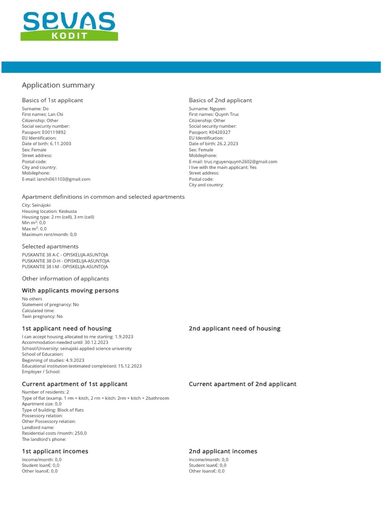 Summary of Application PDF Loans Mortgage Loan