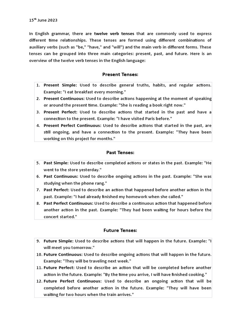 12 Tenses Pdf Perfect Grammar Grammatical Tense