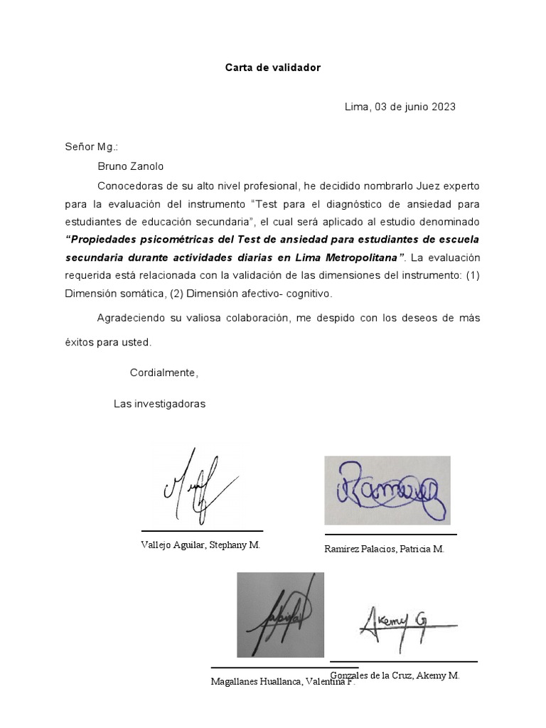 Carta de Validor. | PDF | Ansiedad | Pensamiento