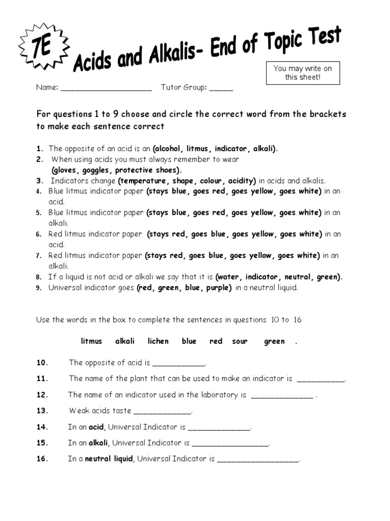 7E Acids and Alkalis Test SEN 2004 Ph Physical Chemistry