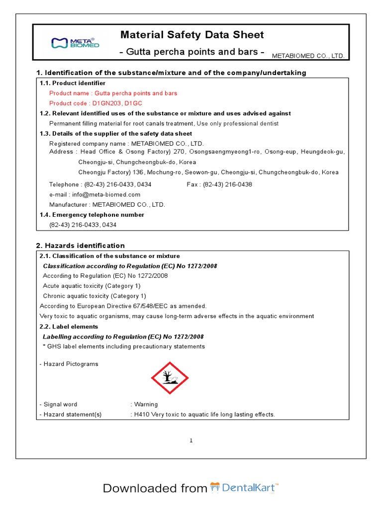 Gutta Percha Points Safety Data Sheet | PDF | Occupational Safety And ...