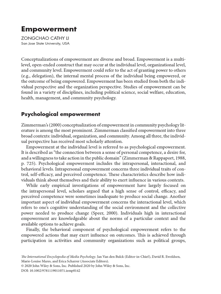 Empowerment And Psychological Empowerment Pdf Empowerment Social