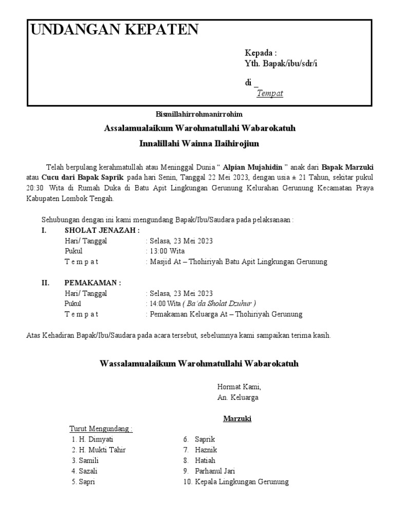 Contoh Undangan Kepaten | PDF