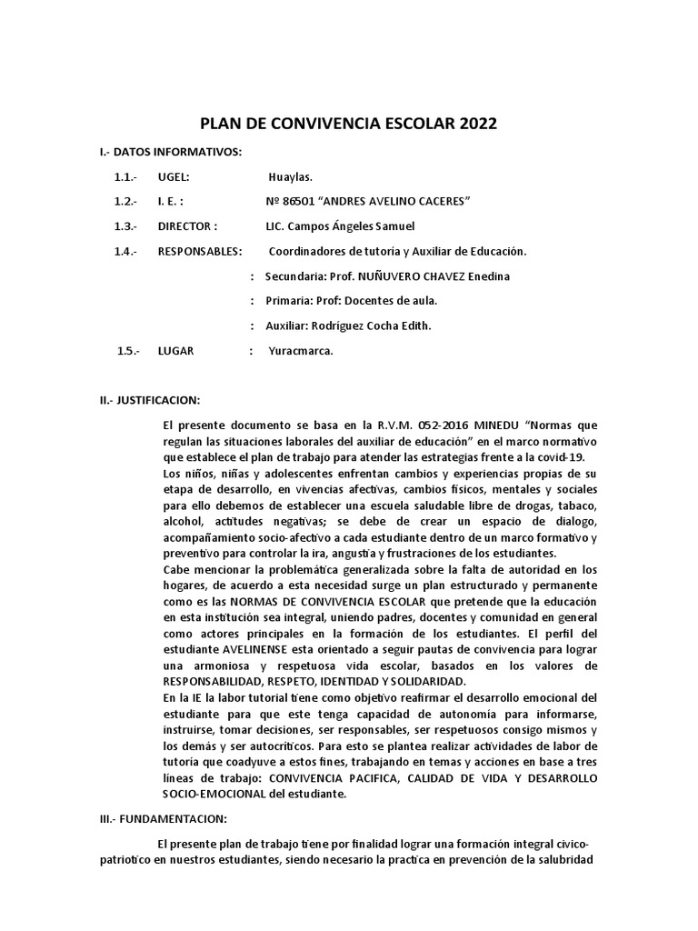 Plan de Convivencia Escolar 2022 | PDF | Familia