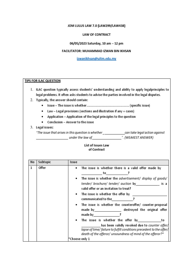 ILAC Tips for Law of Contract | PDF | Offer And Acceptance | Consideration