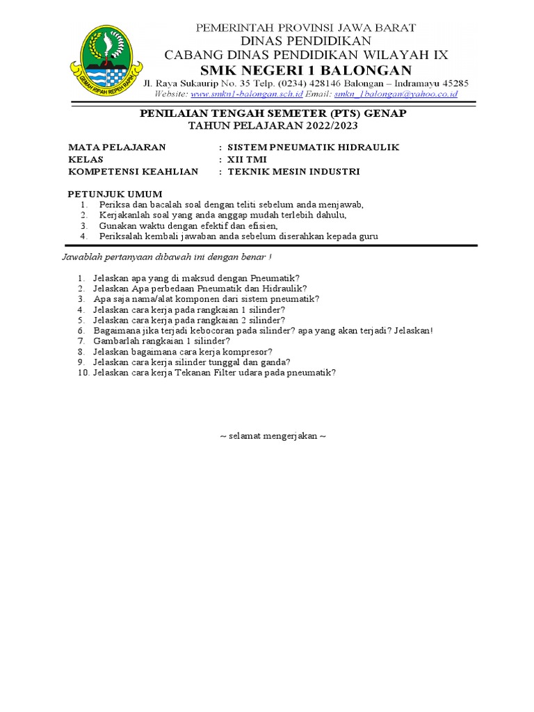 Sistem Pneumatik Hidraulik Soal Pts Xi Tmi Pdf